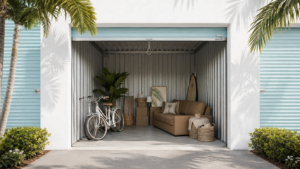 Open metal storage unit filled with a tan sofa, plants, boxes, two bicycles, a surfboard, and wicker baskets.
