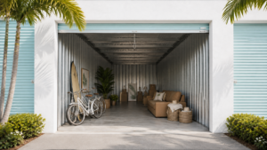10x20 deep - Sid's Self Storage - Sid's Self Storage Open storage unit with white bicycles, framed art, plants, and a tan sofa arranged like a living space inside a metal-walled unit.