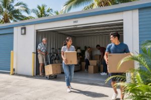 Packaging - Sid's Self Storage - Sid's Self Storage Group of people moving cardboard boxes out of a storage unit on a sunny day; a woman in jeans carries a box toward the camera while a man in a blue shirt holds a box on the right.