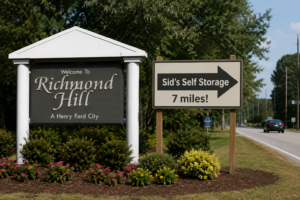 RH - Sid's Self Storage - Sid's Self Storage Welcome to Richmond Hill sign with a flower-bed landscape and a second sign pointing to Sid's Self Storage 7 miles ahead (to the right).