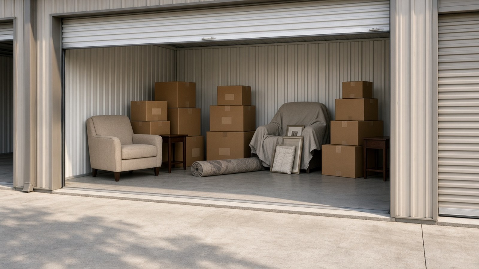 Open drive-up 10x10 storage unit holding an armchair, side tables, and labeled boxes moved out to declutter before selling