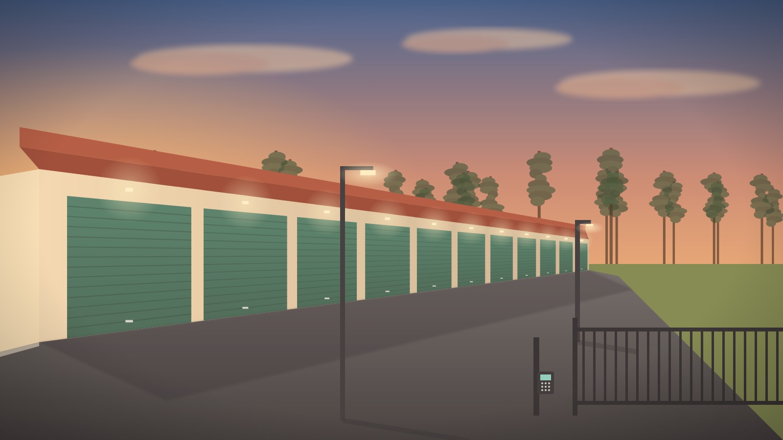 Illustration of drive-up storage units with roll-up doors and a gated keypad entry, ready for families waiting on Pembroke GA new homes