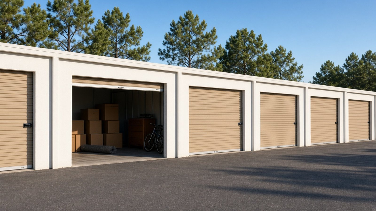 Moving to Ellabell GA drive-up storage units with open unit - Sid's Self Storage Row of drive-up storage units with one open door showing boxes, a dresser, and a bike for someone moving to Ellabell GA
