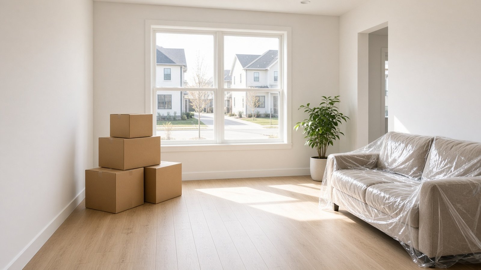 Moving to Ellabell GA new home living room with moving boxes - Sid's Self Storage New-home living room with moving boxes and a plastic-wrapped couch after moving to Ellabell GA