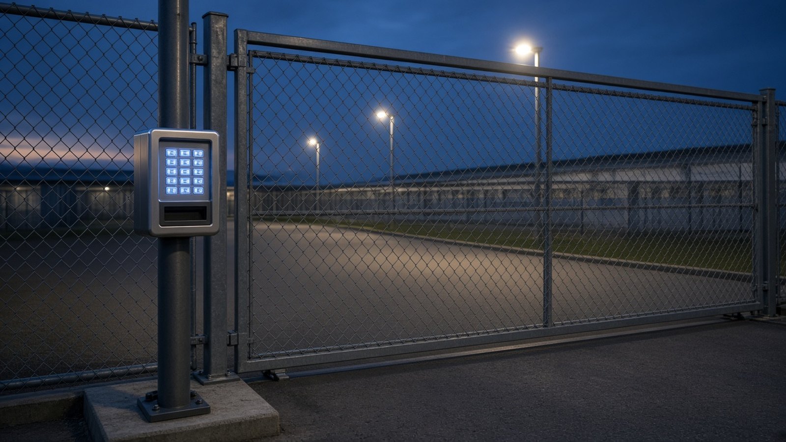 Storage Unit Etiquette - Gate Keypad at Dusk - Sid's Self Storage Gated storage entrance keypad at dusk, a reminder that storage unit etiquette means using your own gate code