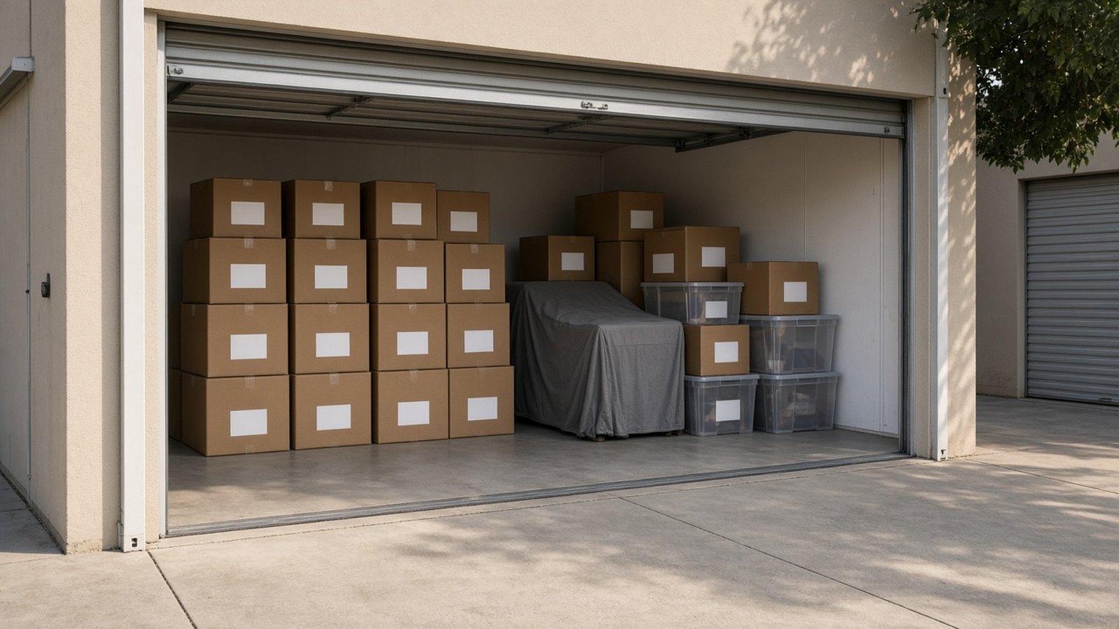 Storage Unit Etiquette - Tidy Labeled Boxes - Sid's Self Storage Tidy open storage unit with labeled boxes kept inside the doorway, an example of storage unit etiquette