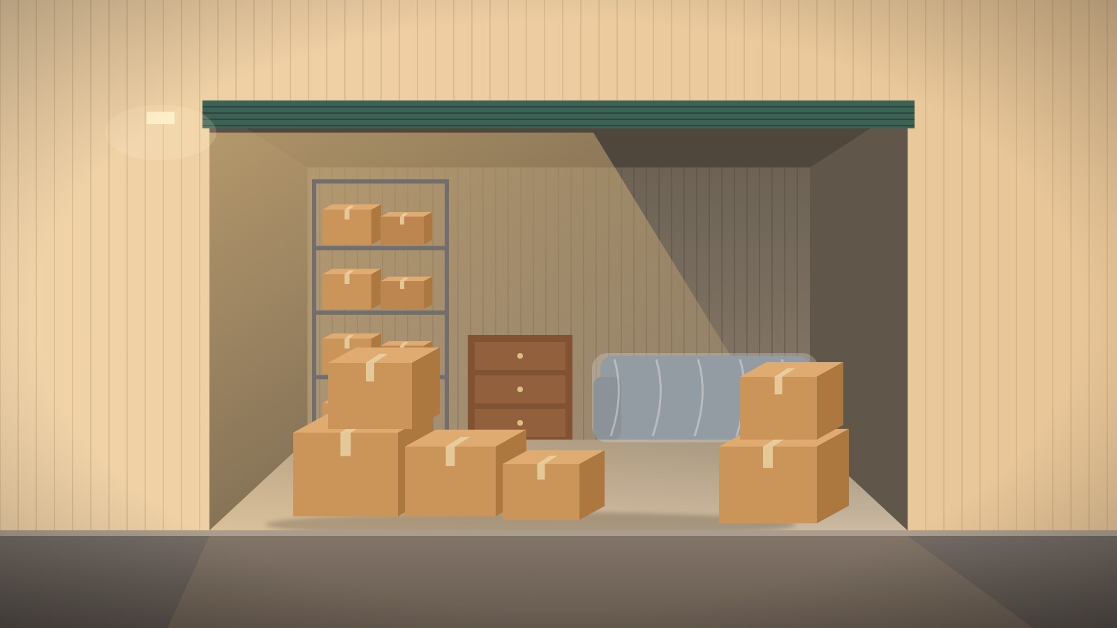 Illustration of an open drive-up storage unit holding moving boxes, a dresser and a wrapped sofa during a move between homes