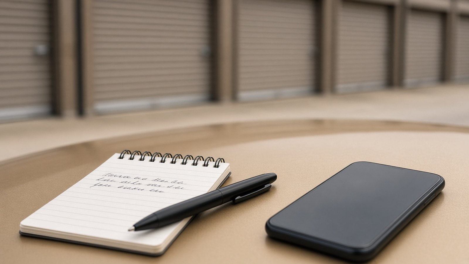 Storage unit neighbor - incident notes - Sid's Self Storage Notepad, pen, and phone on a car hood for documenting a storage unit neighbor issue