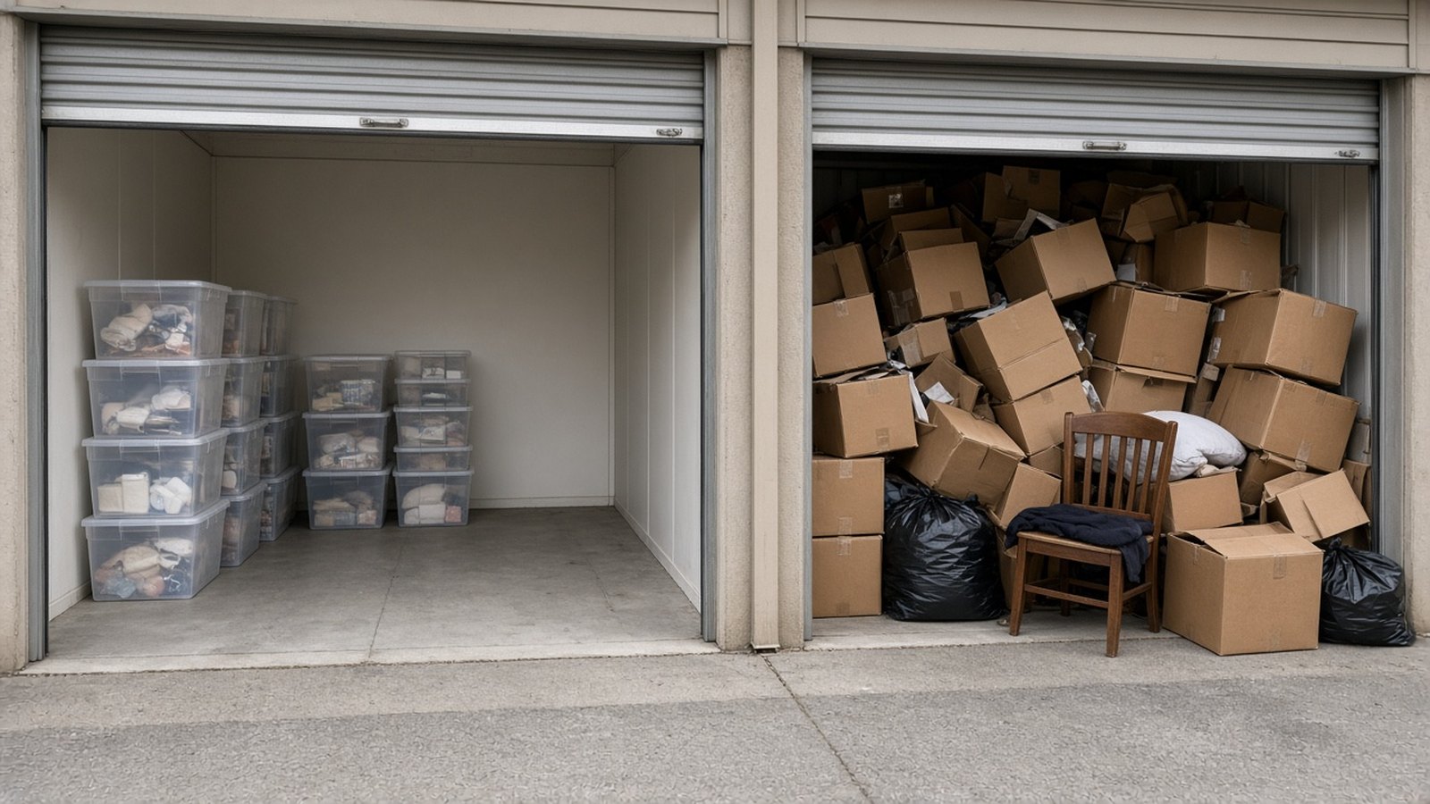 Storage unit neighbor - tidy vs spillover - Sid's Self Storage Tidy storage unit with lidded plastic bins next to a storage unit neighbor's spillover of loose boxes