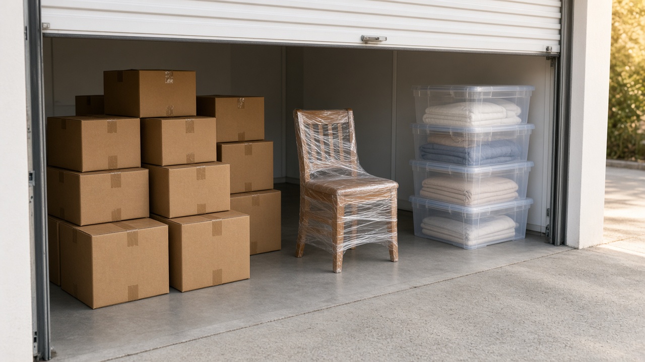 what-not-to-store-allowed - Sid's Self Storage Furniture and sealed moving boxes in a drive-up storage unit showing what you can store vs what not to store in storage unit